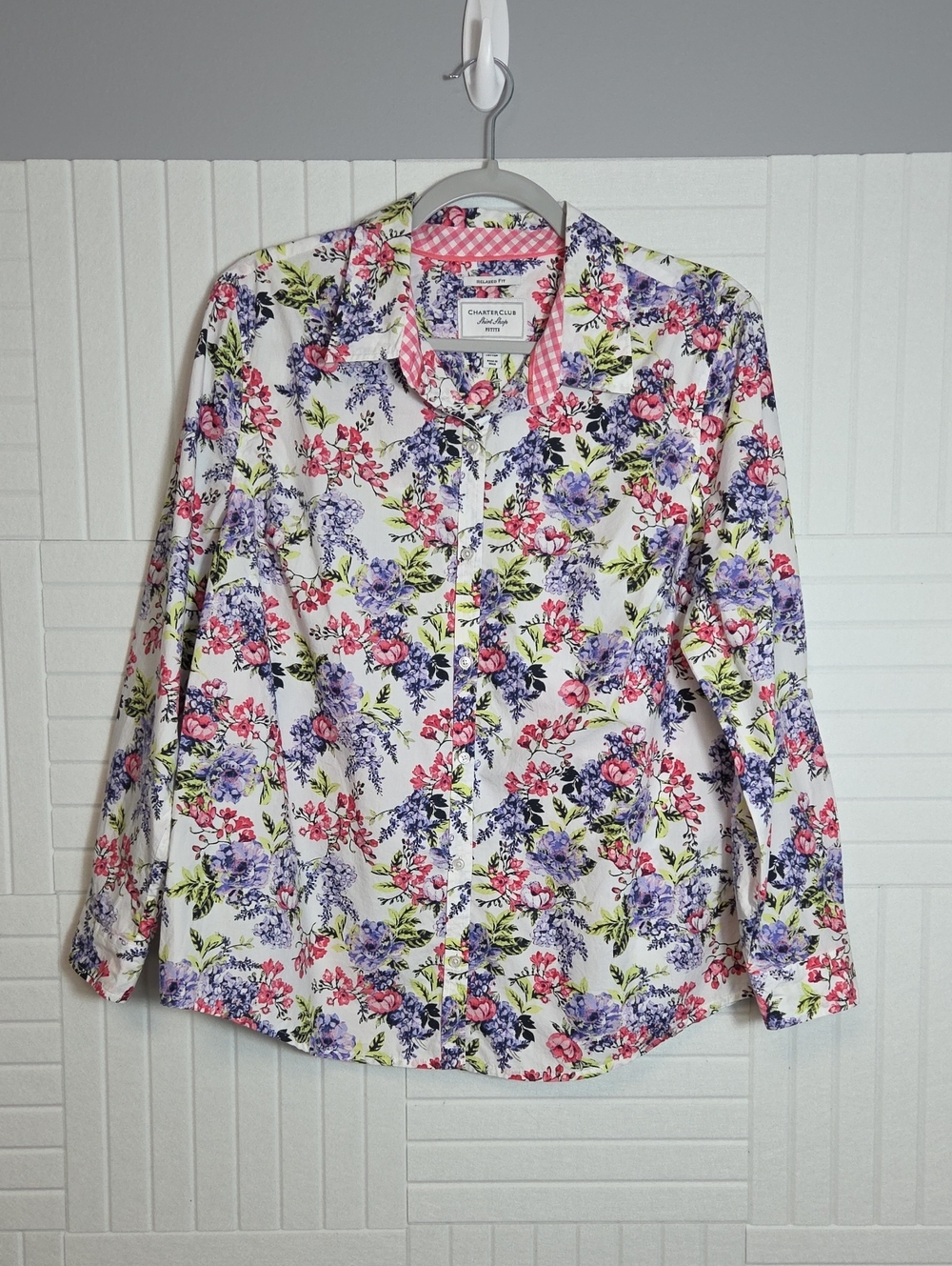 Charter Club 100% Cotton Relaxed Fit White Floral Button Down Size 16P